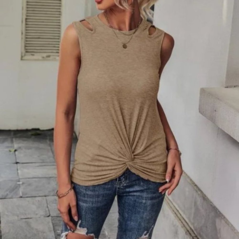 Boho Khaki Tan Cut Out Twist Casual Summer Tank Top